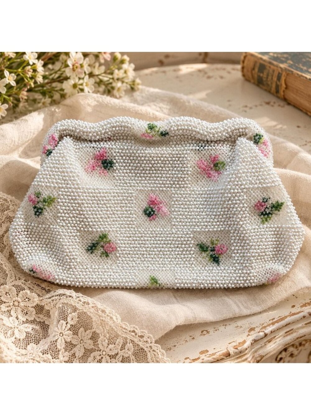 Vintage White Beaded Clutch with Pink Floral Details, Romantic Bridal Purse